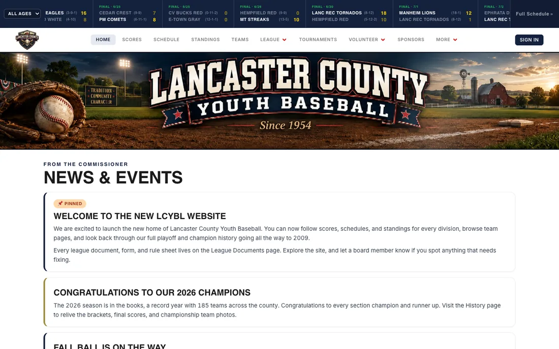 Lancaster County Youth Baseball League Website